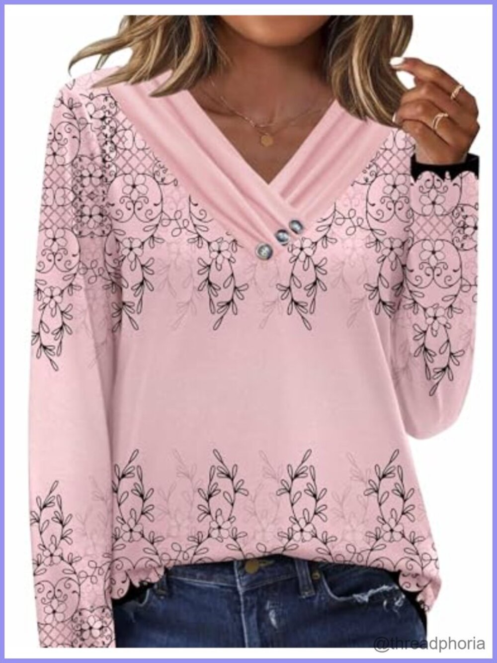 Long Sleeve Tunic Top Cross V Neck Loose Casual Blouse with Decor Buttons